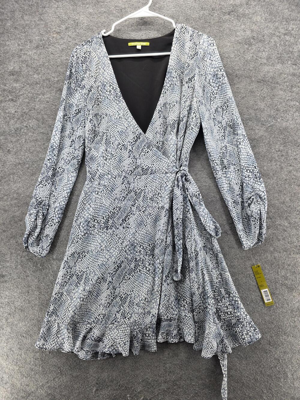 Gianni Bini Dress Womens Medium Blue Snake Laura Wrap Long Sleeve Ruffle Hem